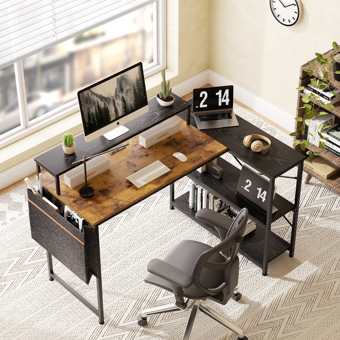 COKOS Escritorio para Computadora en Forma de L con Estantes, con Puertos USB y Bolsa de Almacenamiento Escritorio de Oficina en Casa con Soporte para Monitor 120x83x88cm(Vintage+Negro)