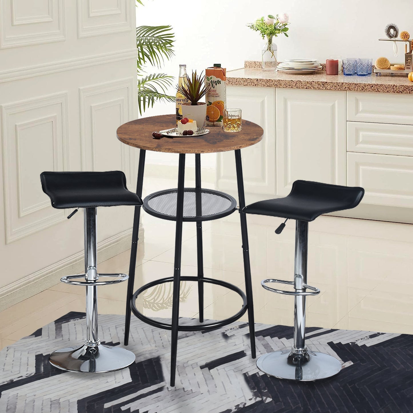 COKOS Mesa de Bar de Moda de Estilo Moderno Mesa de Comedor Redonda de Doble Capa Tablero PB Patas de Mesa de Metal Negro Adecuada para Bar Restaurante Sala de Estar (Vintage).