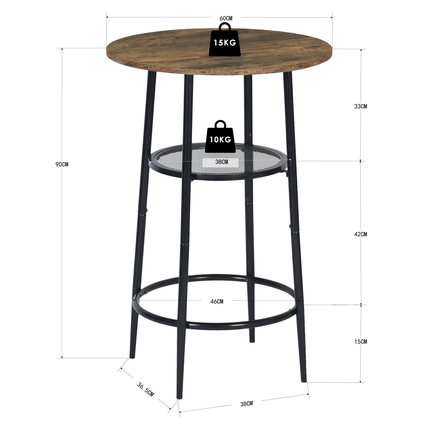 COKOS Mesa de Bar de Moda de Estilo Moderno Mesa de Comedor Redonda de Doble Capa Tablero PB Patas de Mesa de Metal Negro Adecuada para Bar Restaurante Sala de Estar (Vintage).