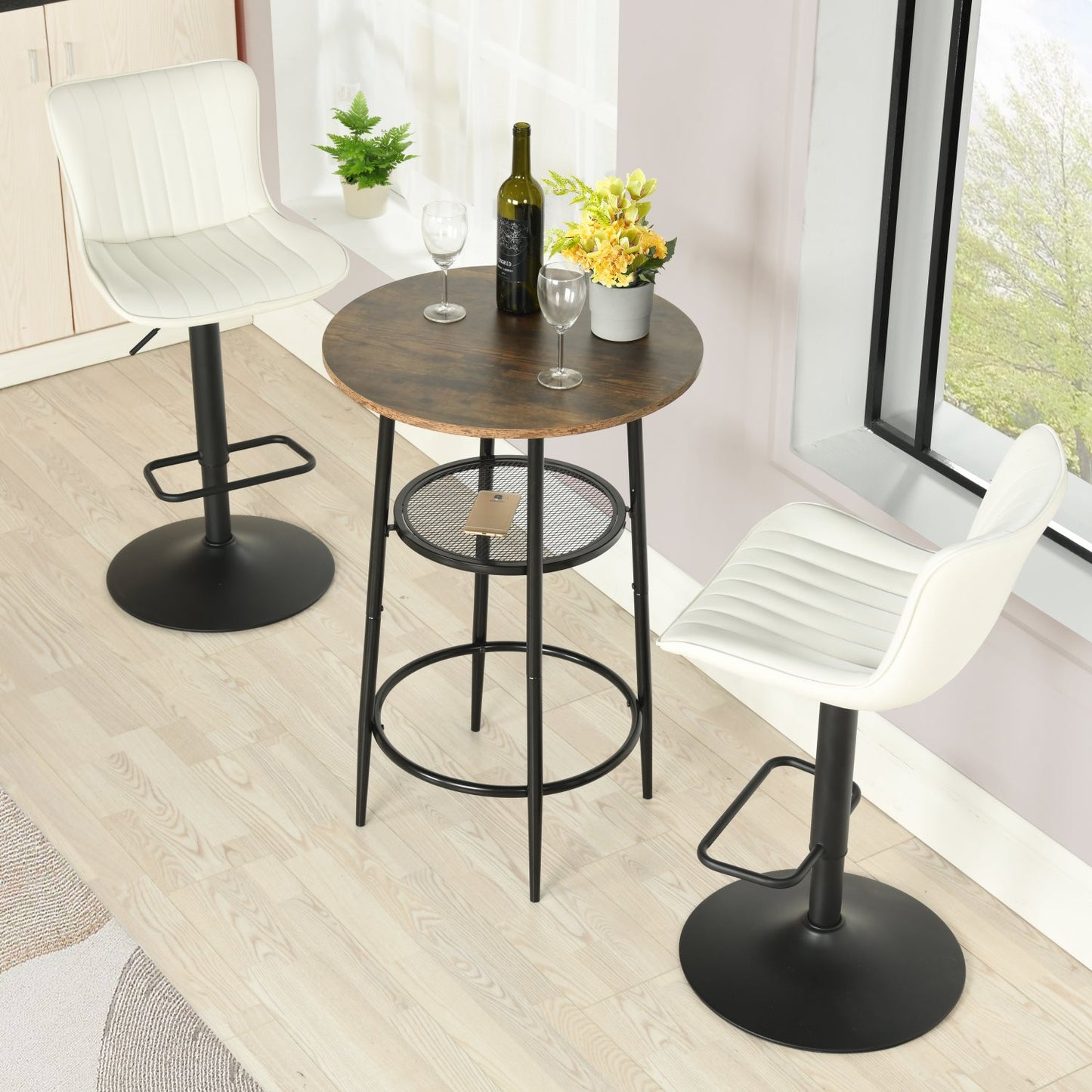 COKOS Mesa de Bar de Moda de Estilo Moderno Mesa de Comedor Redonda de Doble Capa Tablero PB Patas de Mesa de Metal Negro Adecuada para Bar Restaurante Sala de Estar (Vintage).