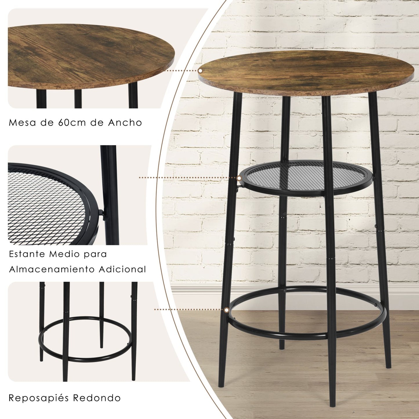 COKOS Mesa de Bar de Moda de Estilo Moderno Mesa de Comedor Redonda de Doble Capa Tablero PB Patas de Mesa de Metal Negro Adecuada para Bar Restaurante Sala de Estar (Vintage).