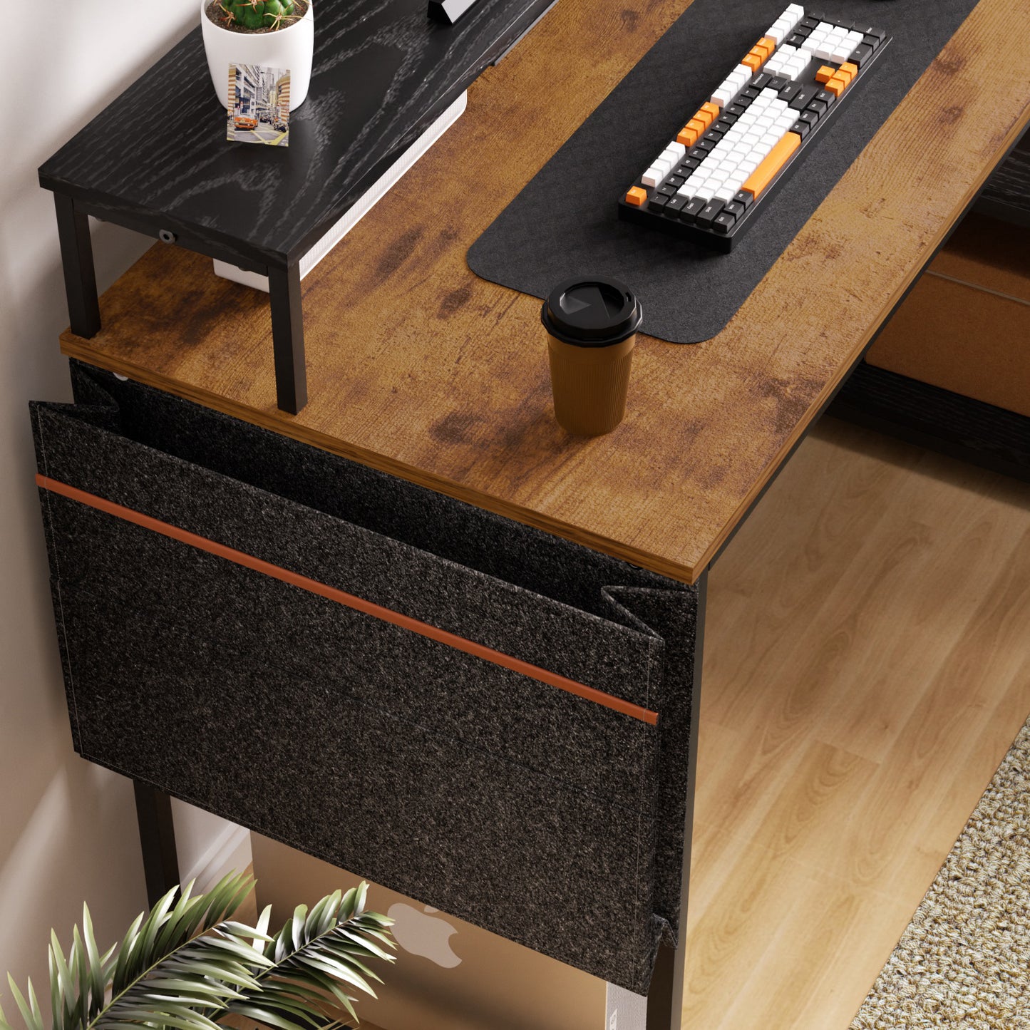COKOS Escritorio para Computadora en Forma de L con Estantes, con Puertos USB y Bolsa de Almacenamiento Escritorio de Oficina en Casa con Soporte para Monitor 120x83x88cm(Vintage+Negro)