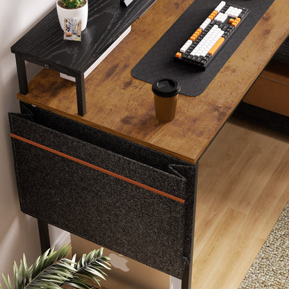 COKOS Escritorio para Computadora en Forma de L con Estantes, con Puertos USB y Bolsa de Almacenamiento Escritorio de Oficina en Casa con Soporte para Monitor 120x83x88cm(Vintage+Negro)