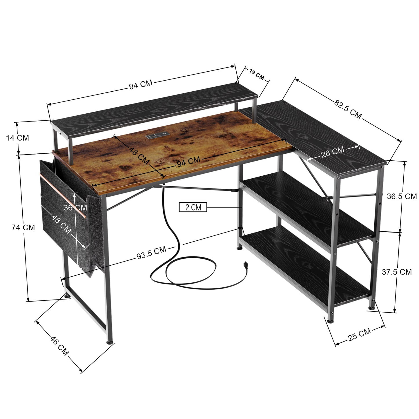 COKOS Escritorio para Computadora en Forma de L con Estantes, con Puertos USB y Bolsa de Almacenamiento Escritorio de Oficina en Casa con Soporte para Monitor 120x83x88cm(Vintage+Negro)