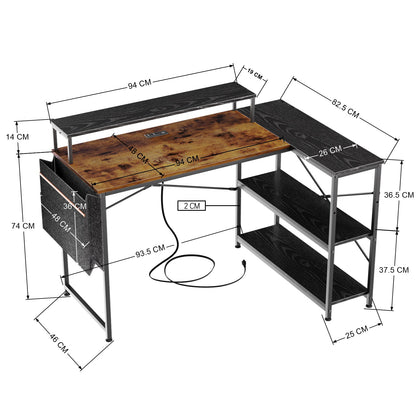 COKOS Escritorio para Computadora en Forma de L con Estantes, con Puertos USB y Bolsa de Almacenamiento Escritorio de Oficina en Casa con Soporte para Monitor 120x83x88cm(Vintage+Negro)