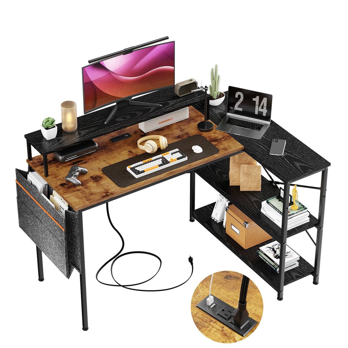 COKOS Escritorio para Computadora en Forma de L con Estantes, con Puertos USB y Bolsa de Almacenamiento Escritorio de Oficina en Casa con Soporte para Monitor 120x83x88cm(Vintage+Negro)