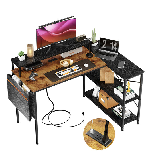 COKOS Escritorio para Computadora en Forma de L con Estantes, con Puertos USB y Bolsa de Almacenamiento Escritorio de Oficina en Casa con Soporte para Monitor 120x83x88cm(Vintage+Negro)