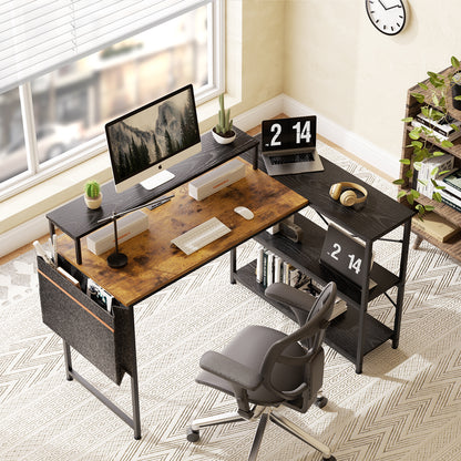 COKOS Escritorio para Computadora en Forma de L con Estantes, con Puertos USB y Bolsa de Almacenamiento Escritorio de Oficina en Casa con Soporte para Monitor 120x83x88cm(Vintage+Negro)