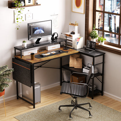 COKOS Escritorio para Computadora en Forma de L con Estantes, con Puertos USB y Bolsa de Almacenamiento Escritorio de Oficina en Casa con Soporte para Monitor 120x83x88cm(Vintage+Negro)