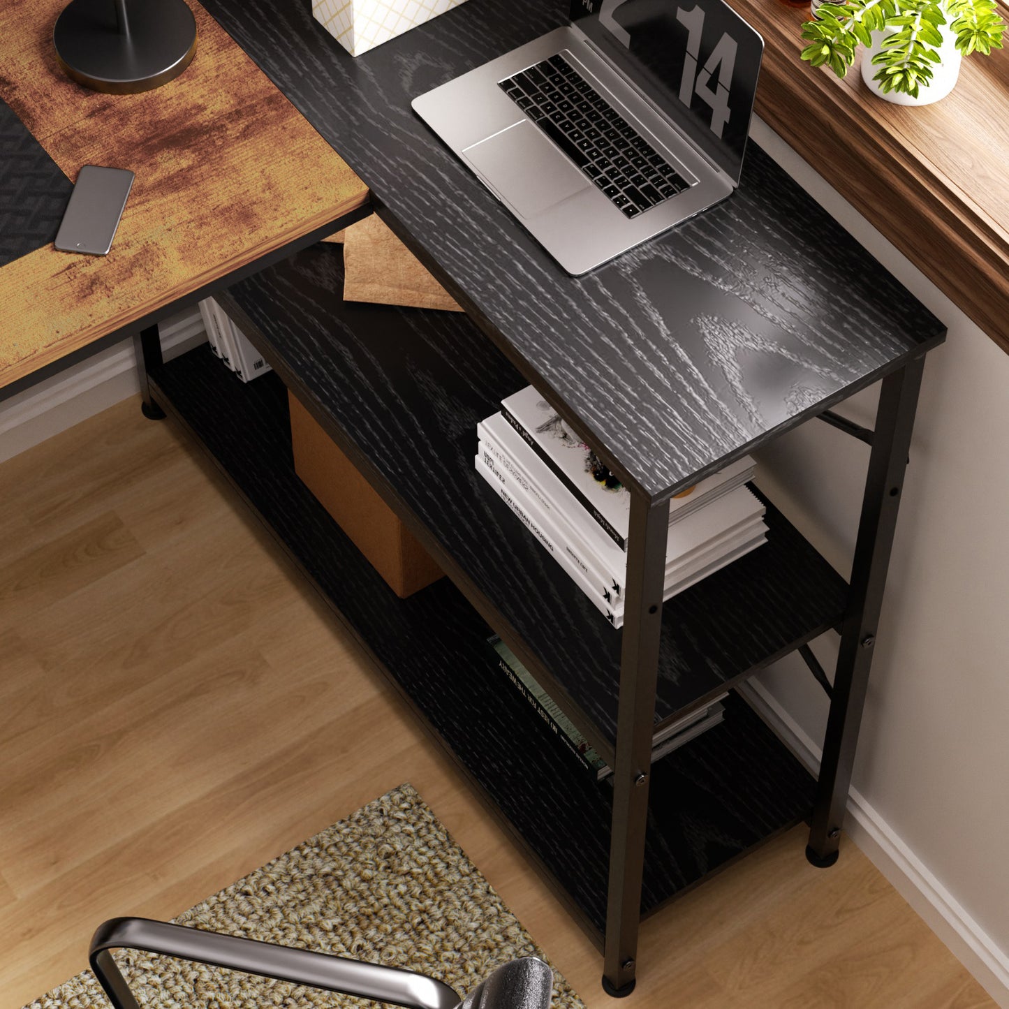COKOS Escritorio para Computadora en Forma de L con Estantes, con Puertos USB y Bolsa de Almacenamiento Escritorio de Oficina en Casa con Soporte para Monitor 120x83x88cm(Vintage+Negro)