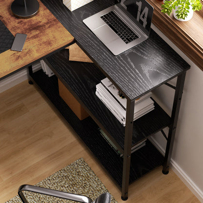 COKOS Escritorio para Computadora en Forma de L con Estantes, con Puertos USB y Bolsa de Almacenamiento Escritorio de Oficina en Casa con Soporte para Monitor 120x83x88cm(Vintage+Negro)