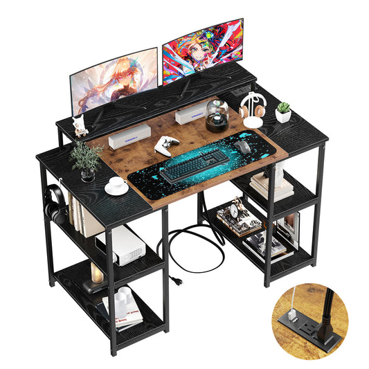 COKOS Escritorio con Repisa Inferior con Puertos USB Mesa de Trabajo con Estante en Ambos Lados Escritorio de Oficina en Casa con Soporte para Monitor 120 x 60 x 88cm(Vintage+Negro)