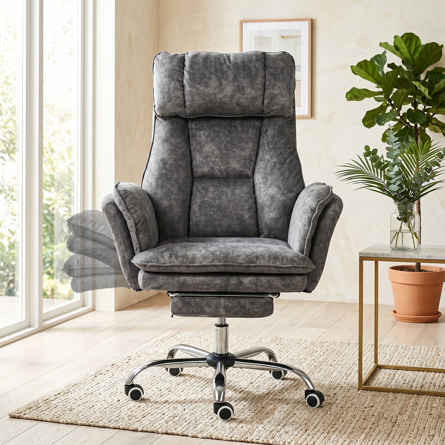 COKOS Silla de Oficina de Peluche Reclinable con Brazos Abatibles para Sentarte con Piernas Cruzadas (Gris)