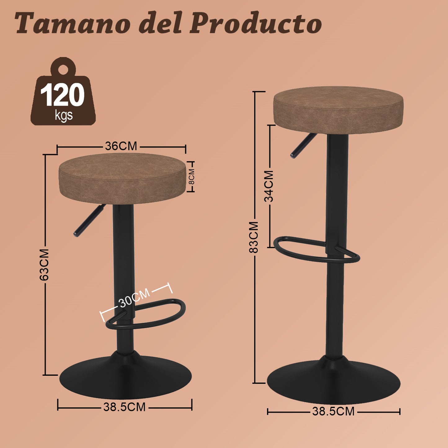 COKOS Juego de 2 Taburetes de Bar para Cocina Giratorios 360° y con Altura Ajustable Tela Impermeable Vintage Marrón