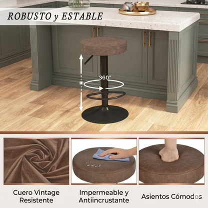 COKOS Juego de 2 Taburetes de Bar para Cocina Giratorios 360° y con Altura Ajustable Tela Impermeable Vintage Marrón