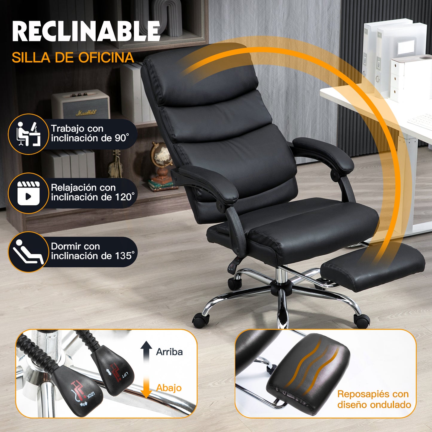 COKOS Silla de Oficina Ejecutiva Ergonómica Piel Sintética Giratoria 360 Grados Altura Ajustable Reclinable Adecuado Oficinas Salas de Estudio (NEGRO).