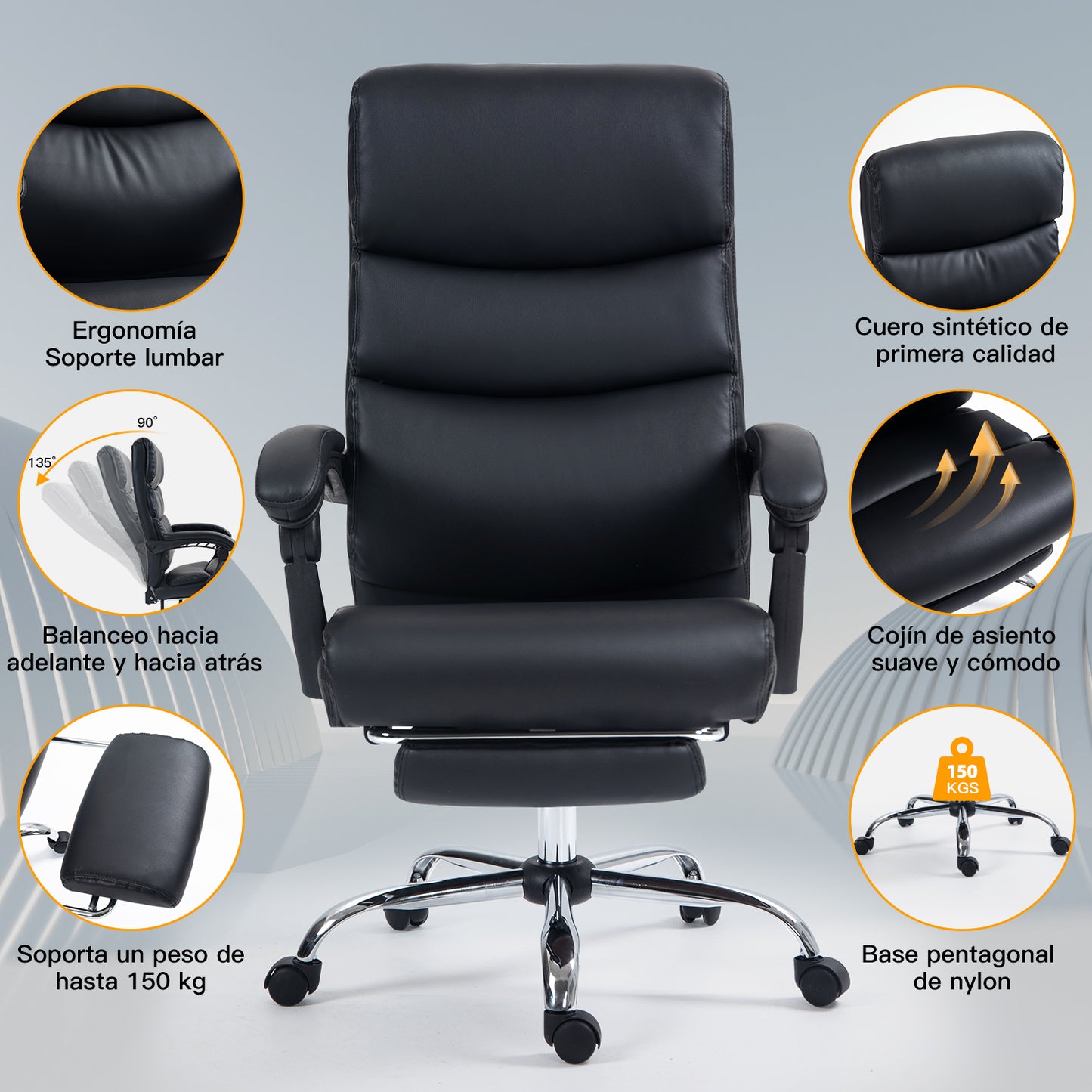 COKOS Silla de Oficina Ejecutiva Ergonómica Piel Sintética Giratoria 360 Grados Altura Ajustable Reclinable Adecuado Oficinas Salas de Estudio (NEGRO).