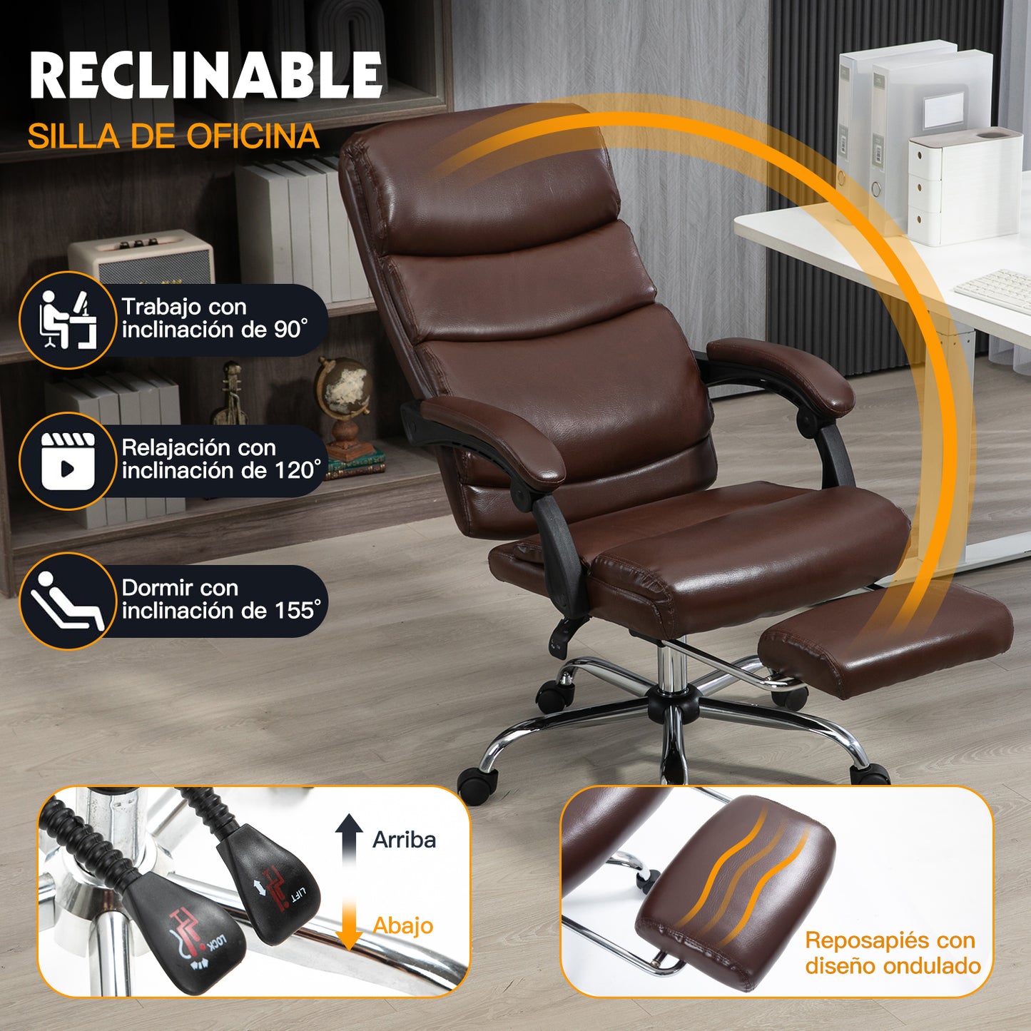 COKOS Silla de Oficina Ejecutiva Ergonómica Piel Sintética Giratoria 360 Grados Altura Ajustable Reclinable Adecuado Oficinas Salas de Estudio (Marron).