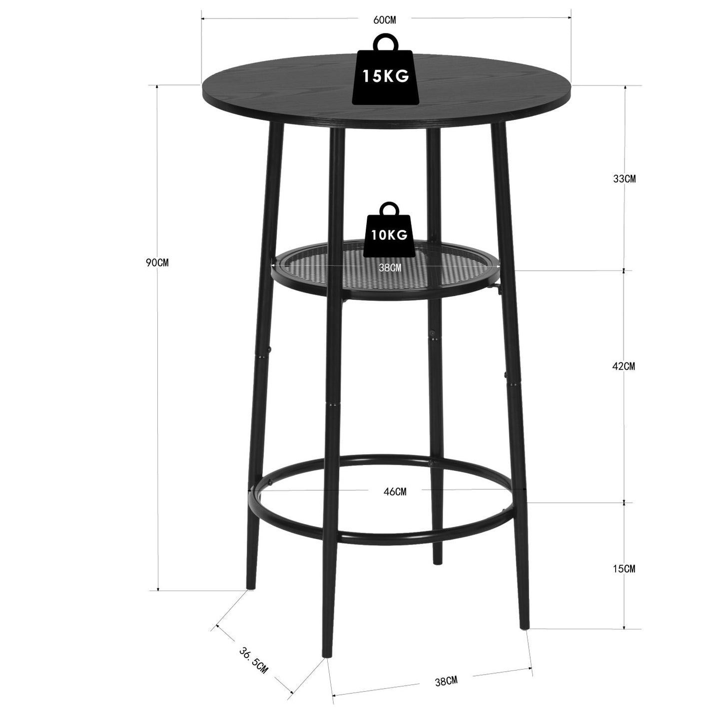 COKOS Mesa de Bar de Moda de Estilo Moderno Mesa de Comedor Redonda de Doble Capa Tablero PB Patas de Mesa de Metal Negro Adecuada para Bar Restaurante Sala de Estar (Negro).