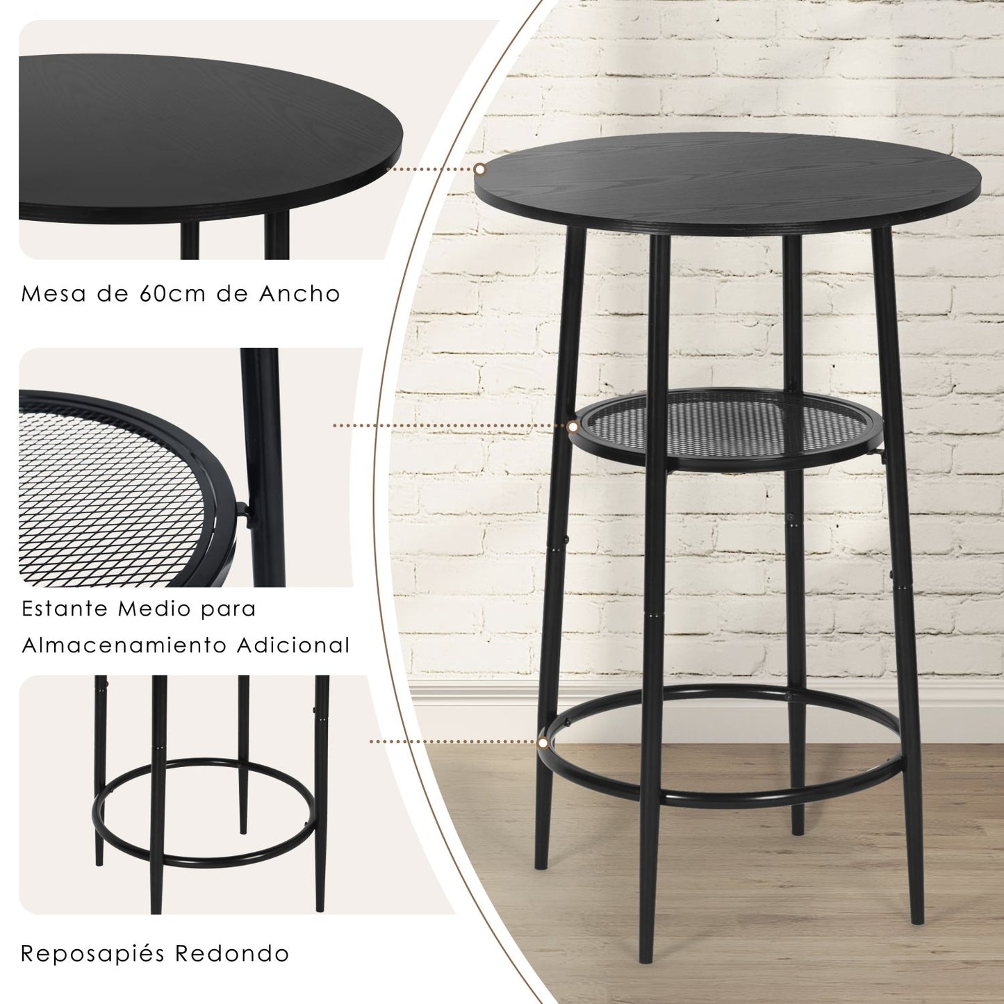 COKOS Mesa de Bar de Moda de Estilo Moderno Mesa de Comedor Redonda de Doble Capa Tablero PB Patas de Mesa de Metal Negro Adecuada para Bar Restaurante Sala de Estar (Negro).