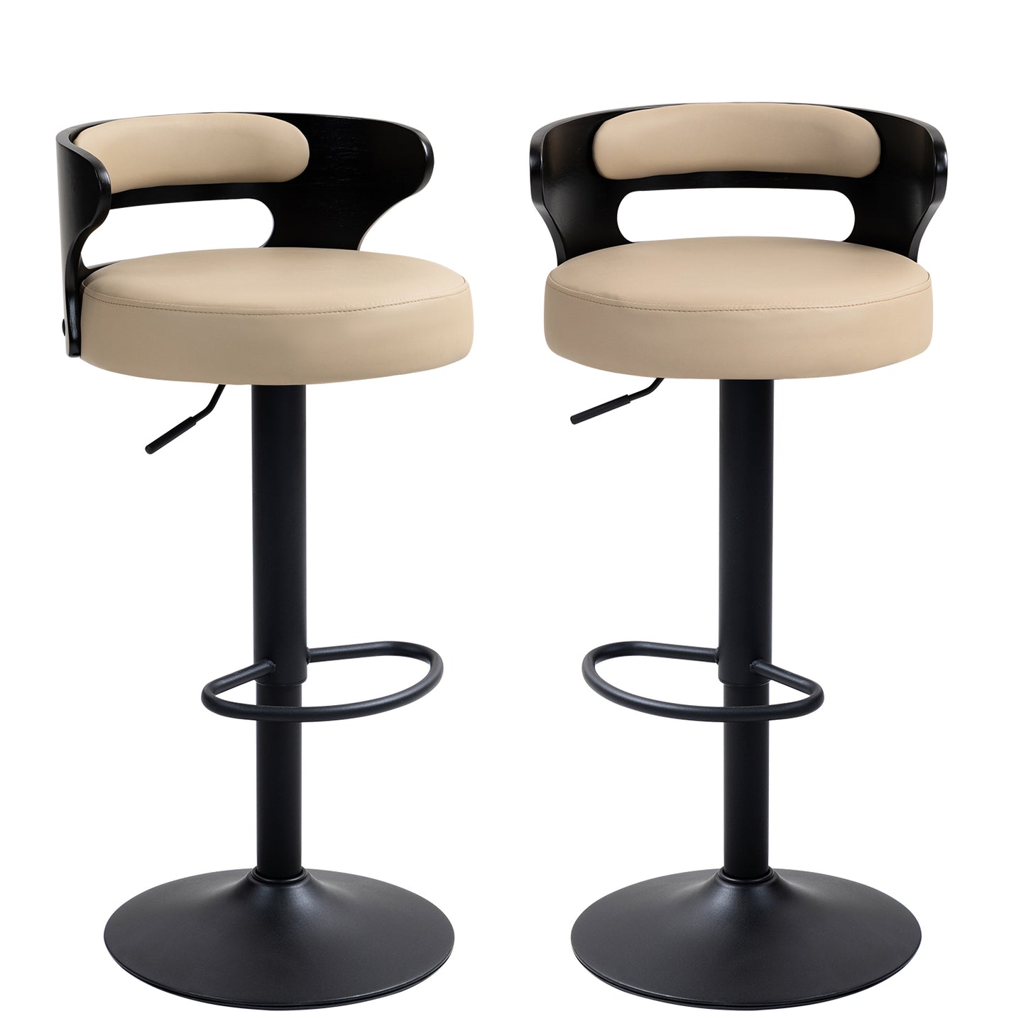 COKOS Juego de 2 Taburetes de Bar Banco de Barra de Cocina Giratorio y Ajustable Asiento de PVC Respaldo de Madera Curvado Apto para Desayuno Comedor Isla de Cocina (Negro+beige)