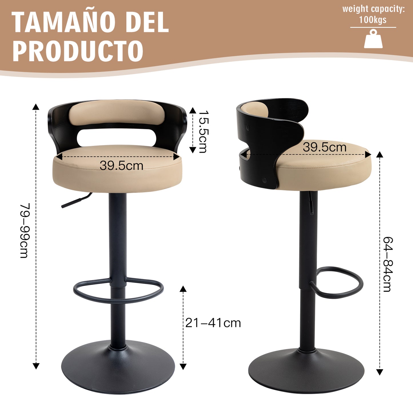 COKOS Juego de 2 Taburetes de Bar Banco de Barra de Cocina Giratorio y Ajustable Asiento de PVC Respaldo de Madera Curvado Apto para Desayuno Comedor Isla de Cocina (Negro+beige)