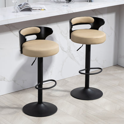 COKOS Juego de 2 Taburetes de Bar Banco de Barra de Cocina Giratorio y Ajustable Asiento de PVC Respaldo de Madera Curvado Apto para Desayuno Comedor Isla de Cocina (Negro+beige)