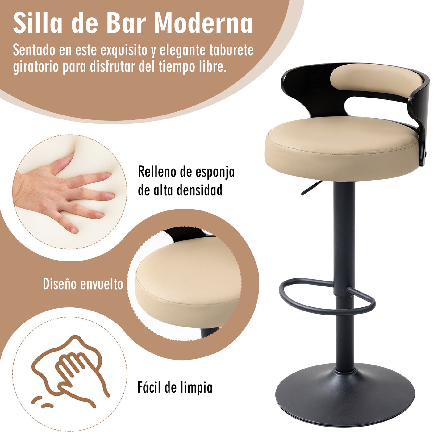 COKOS Juego de 2 Taburetes de Bar Banco de Barra de Cocina Giratorio y Ajustable Asiento de PVC Respaldo de Madera Curvado Apto para Desayuno Comedor Isla de Cocina (Negro+beige)