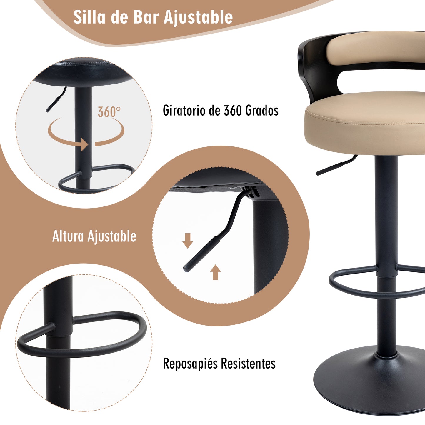 COKOS Juego de 2 Taburetes de Bar Banco de Barra de Cocina Giratorio y Ajustable Asiento de PVC Respaldo de Madera Curvado Apto para Desayuno Comedor Isla de Cocina (Negro+beige)