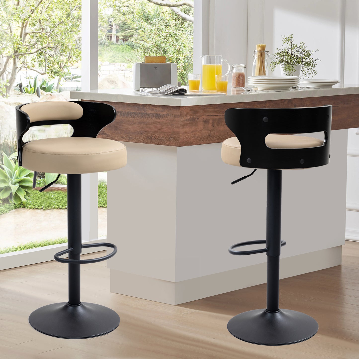 COKOS Juego de 2 Taburetes de Bar Banco de Barra de Cocina Giratorio y Ajustable Asiento de PVC Respaldo de Madera Curvado Apto para Desayuno Comedor Isla de Cocina (Negro+beige)