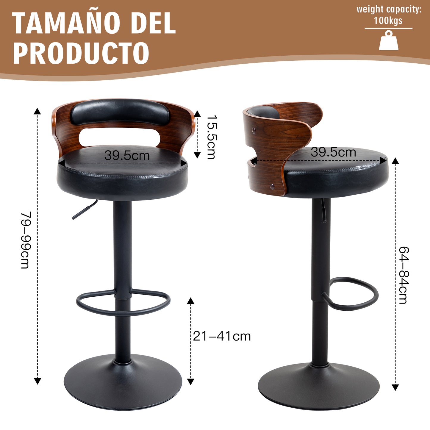 COKOS Juego de 2 Taburetes de Bar Banco de Barra de Cocina Giratorio y Ajustable Asiento de PVC Respaldo de Madera Curvado Apto para Desayuno Comedor Isla de Cocina (Negro+nogal)