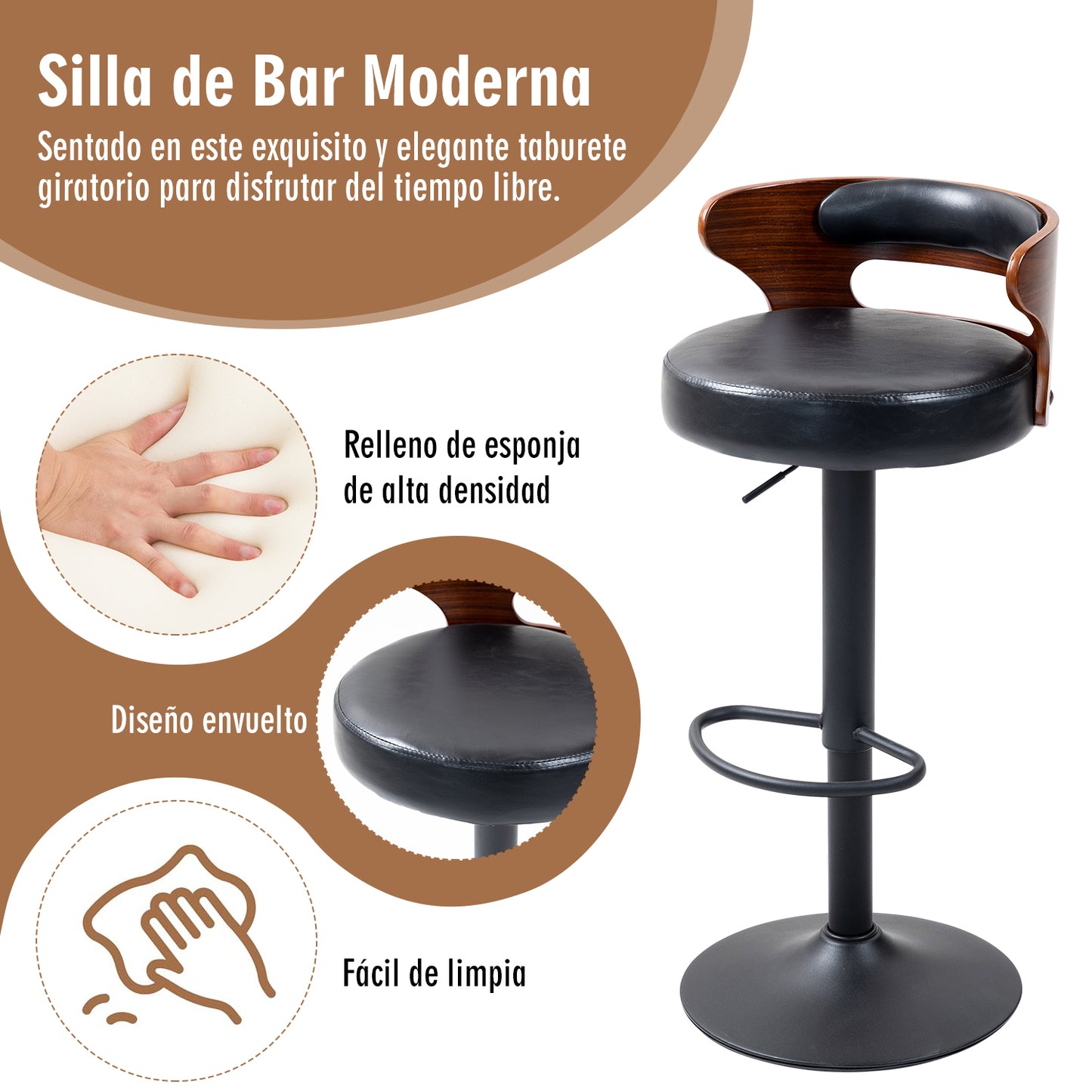 COKOS Juego de 2 Taburetes de Bar Banco de Barra de Cocina Giratorio y Ajustable Asiento de PVC Respaldo de Madera Curvado Apto para Desayuno Comedor Isla de Cocina (Negro+nogal)