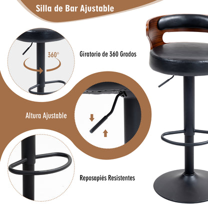 COKOS Juego de 2 Taburetes de Bar Banco de Barra de Cocina Giratorio y Ajustable Asiento de PVC Respaldo de Madera Curvado Apto para Desayuno Comedor Isla de Cocina (Negro+nogal)