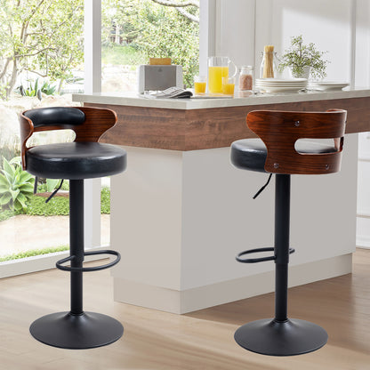 COKOS Juego de 2 Taburetes de Bar Banco de Barra de Cocina Giratorio y Ajustable Asiento de PVC Respaldo de Madera Curvado Apto para Desayuno Comedor Isla de Cocina (Negro+nogal)