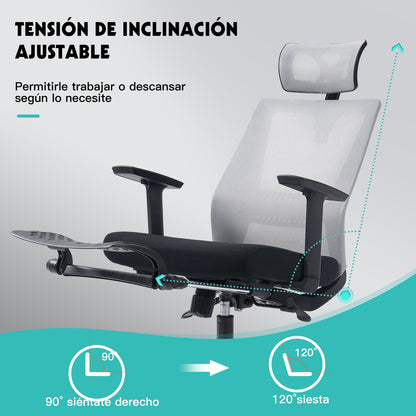 COKOS Silla Oficina Ergonómica con Reposapiés con Soporte Lumbar y Respaldo Alto con Reposacabezas Ajustable Altura Reclinable Descansabrazos Ajustables Silla Gamer (Gris+Negro)