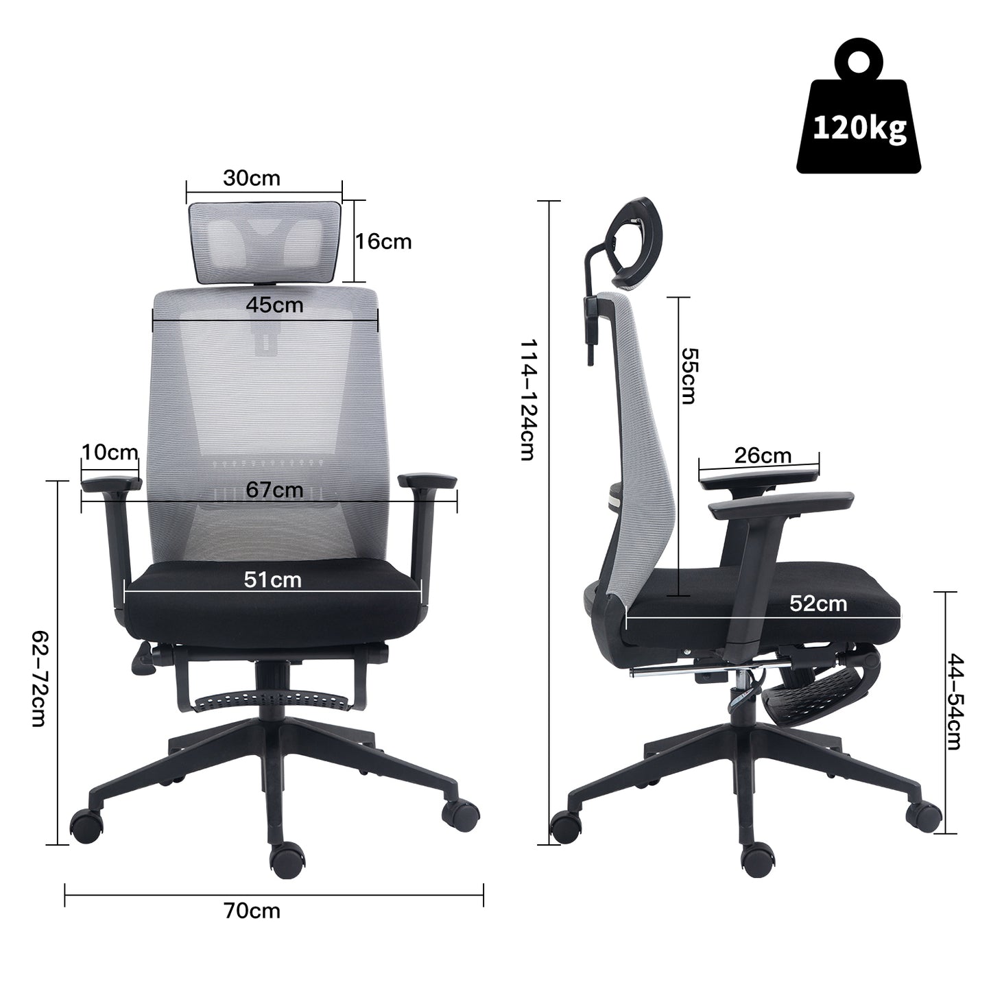 COKOS Silla Oficina Ergonómica con Reposapiés con Soporte Lumbar y Respaldo Alto con Reposacabezas Ajustable Altura Reclinable Descansabrazos Ajustables Silla Gamer (Gris+Negro)