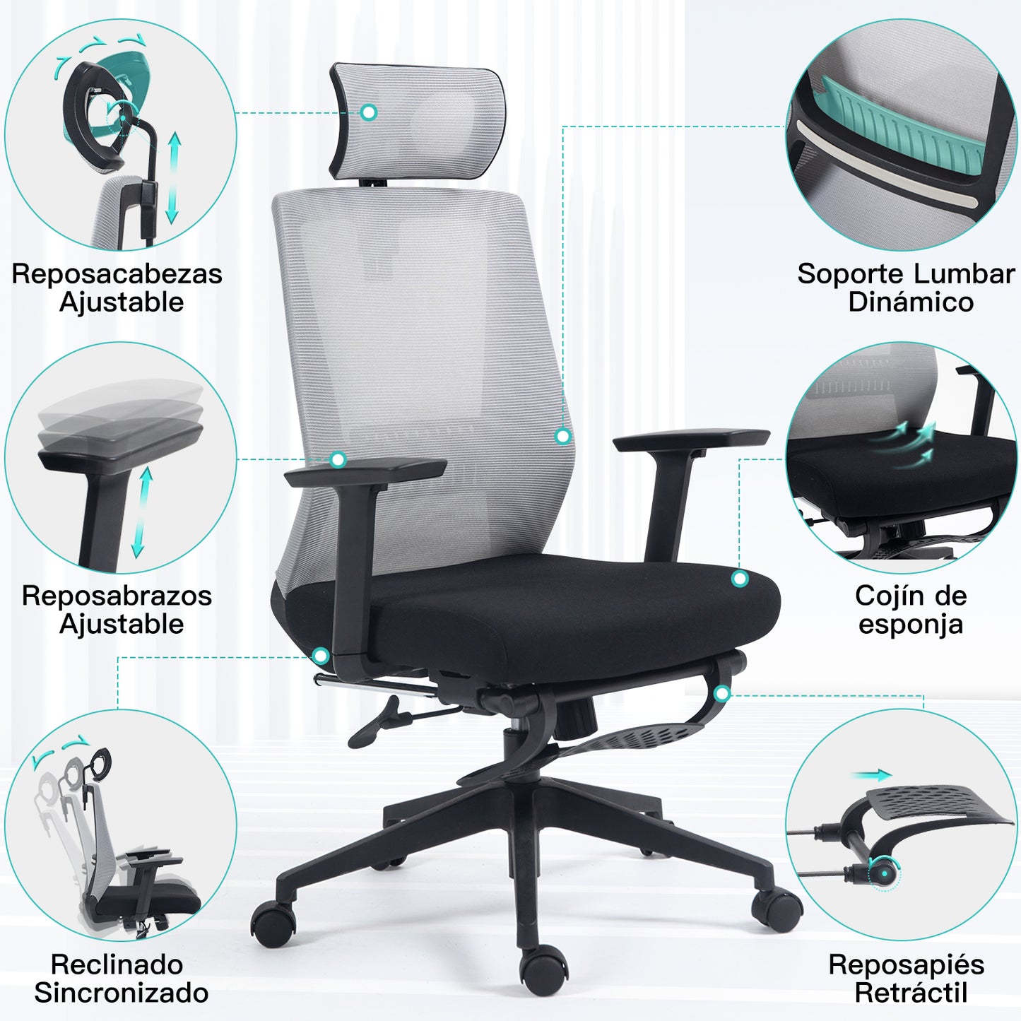 COKOS Silla Oficina Ergonómica con Reposapiés con Soporte Lumbar y Respaldo Alto con Reposacabezas Ajustable Altura Reclinable Descansabrazos Ajustables Silla Gamer (Gris+Negro)