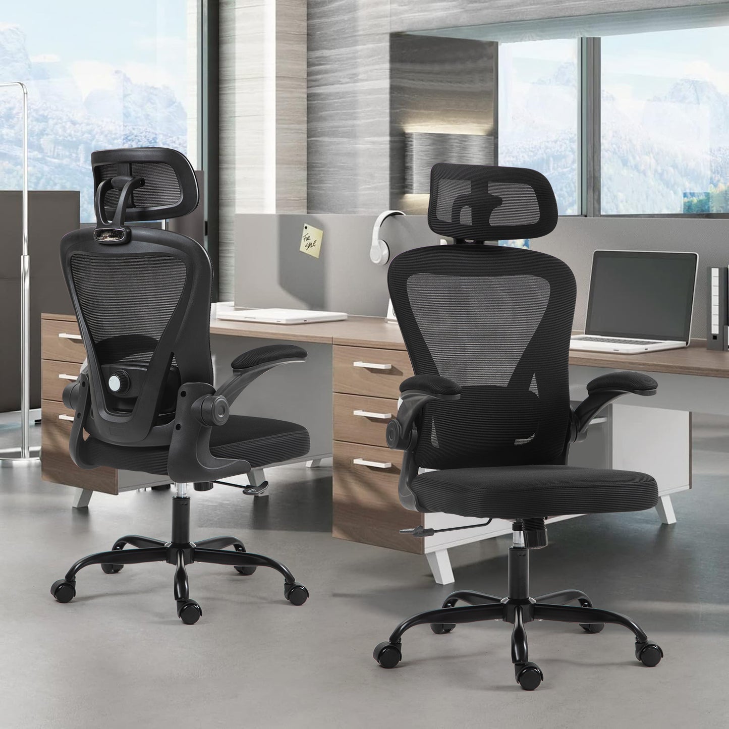 COKOS Silla de Oficina Ergonómica Giratoria Regulable con Reposabrazos Reposacabezas y Soporte Lumbar Apta para Oficinas y Salas de Estudio (Negro)