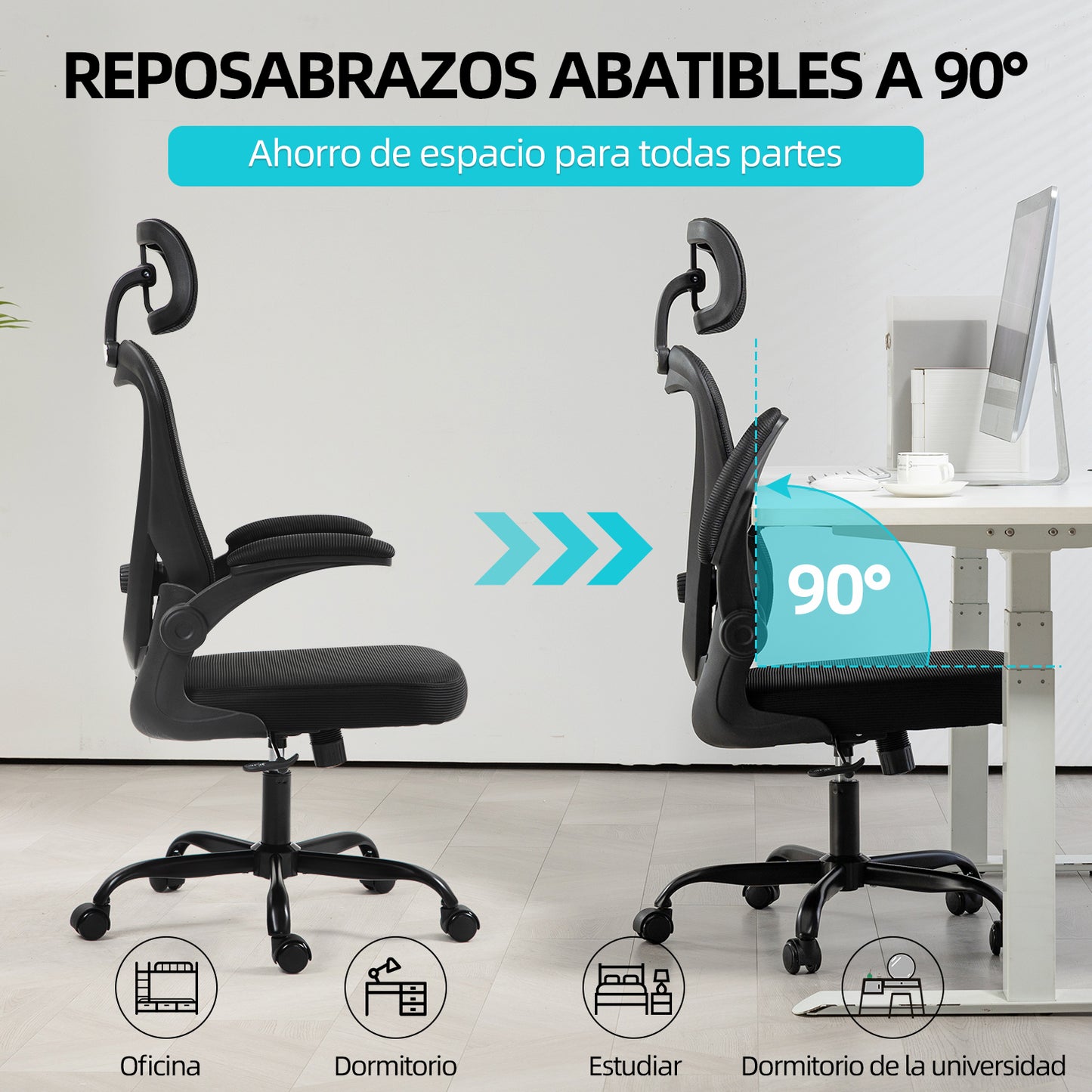 COKOS Silla de Oficina Ergonómica Giratoria Regulable con Reposabrazos Reposacabezas y Soporte Lumbar Apta para Oficinas y Salas de Estudio (Negro)