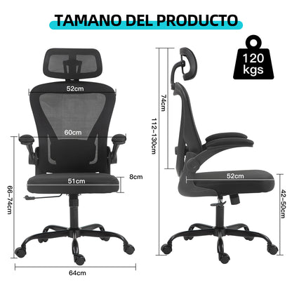 COKOS Silla de Oficina Ergonómica Giratoria Regulable con Reposabrazos Reposacabezas y Soporte Lumbar Apta para Oficinas y Salas de Estudio (Negro)