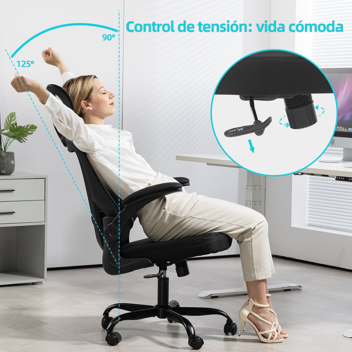 COKOS Silla de Oficina Ergonómica Giratoria Regulable con Reposabrazos Reposacabezas y Soporte Lumbar Apta para Oficinas y Salas de Estudio (Negro)