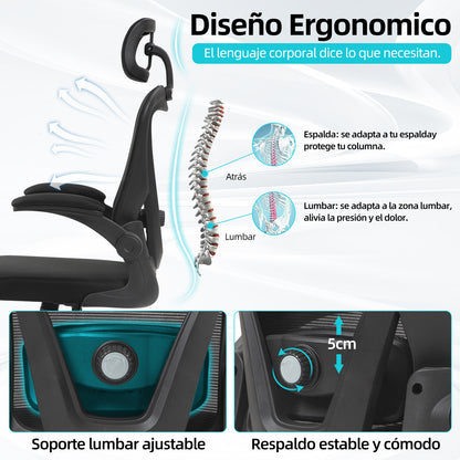 COKOS Silla de Oficina Ergonómica Giratoria Regulable con Reposabrazos Reposacabezas y Soporte Lumbar Apta para Oficinas y Salas de Estudio (Negro)