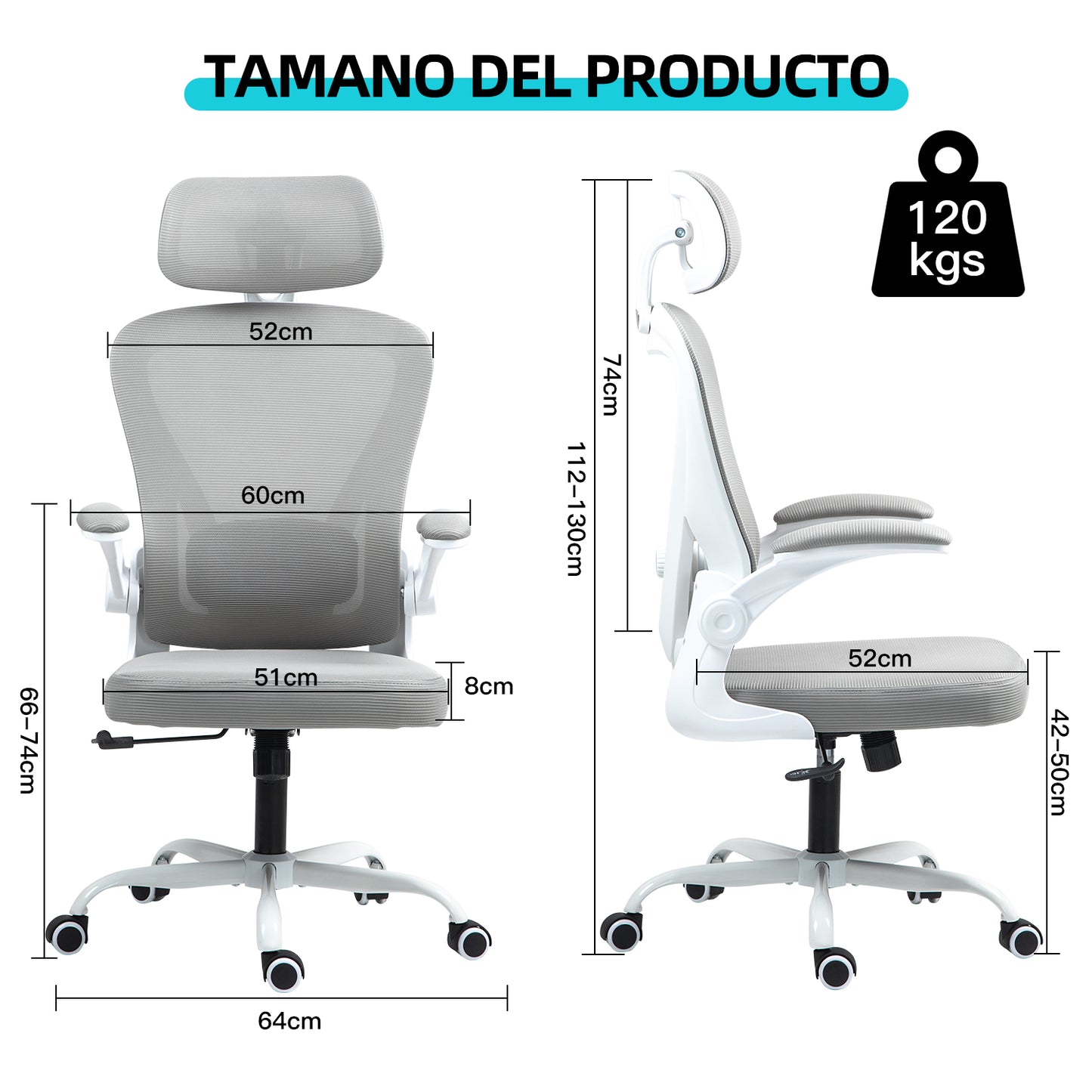 COKOS Silla de Oficina Ergonómica Giratoria Regulable con Reposabrazos Reposacabezas y Soporte Lumbar Apta para Oficinas y Salas de Estudio (Blanco)