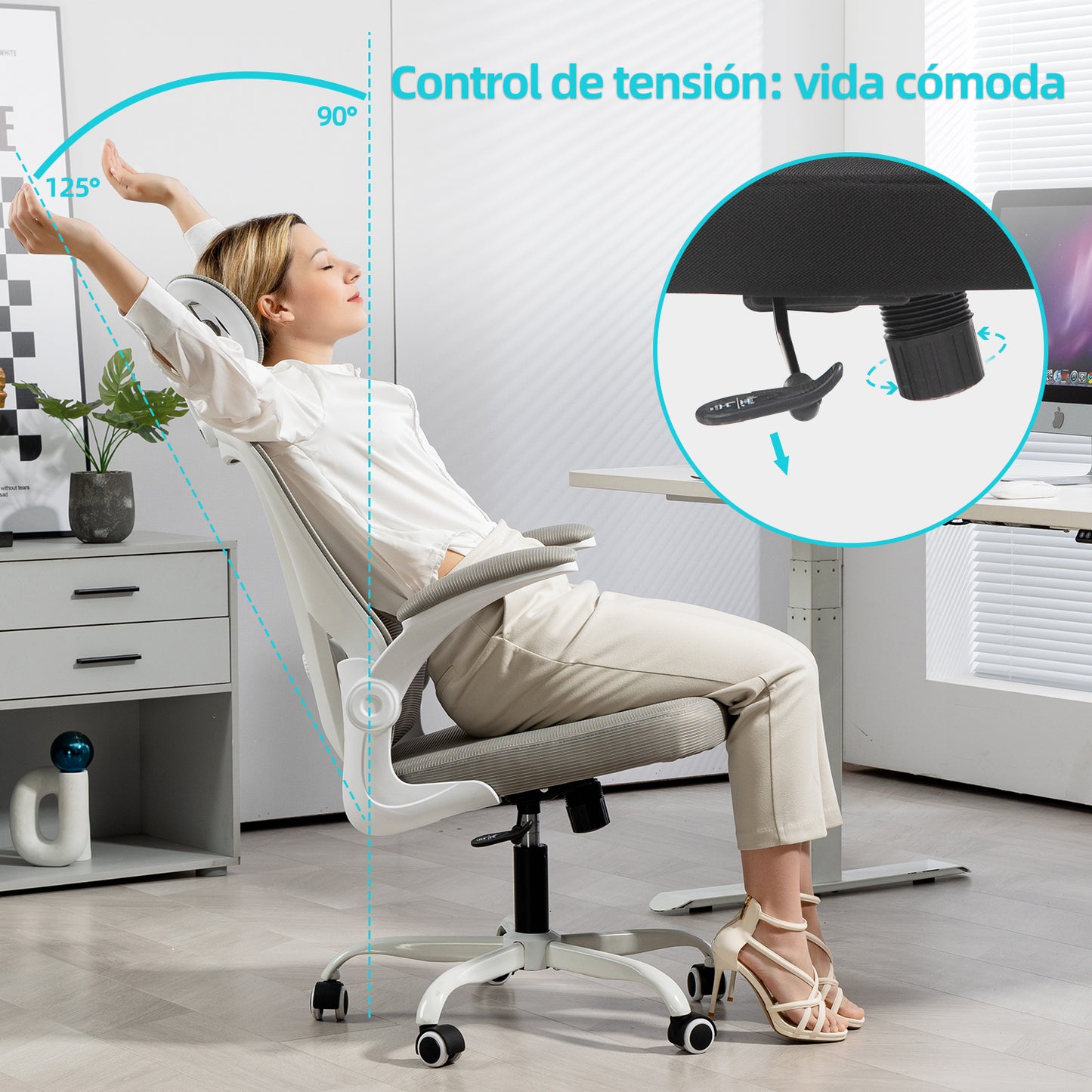 COKOS Silla de Oficina Ergonómica Giratoria Regulable con Reposabrazos Reposacabezas y Soporte Lumbar Apta para Oficinas y Salas de Estudio (Blanco)