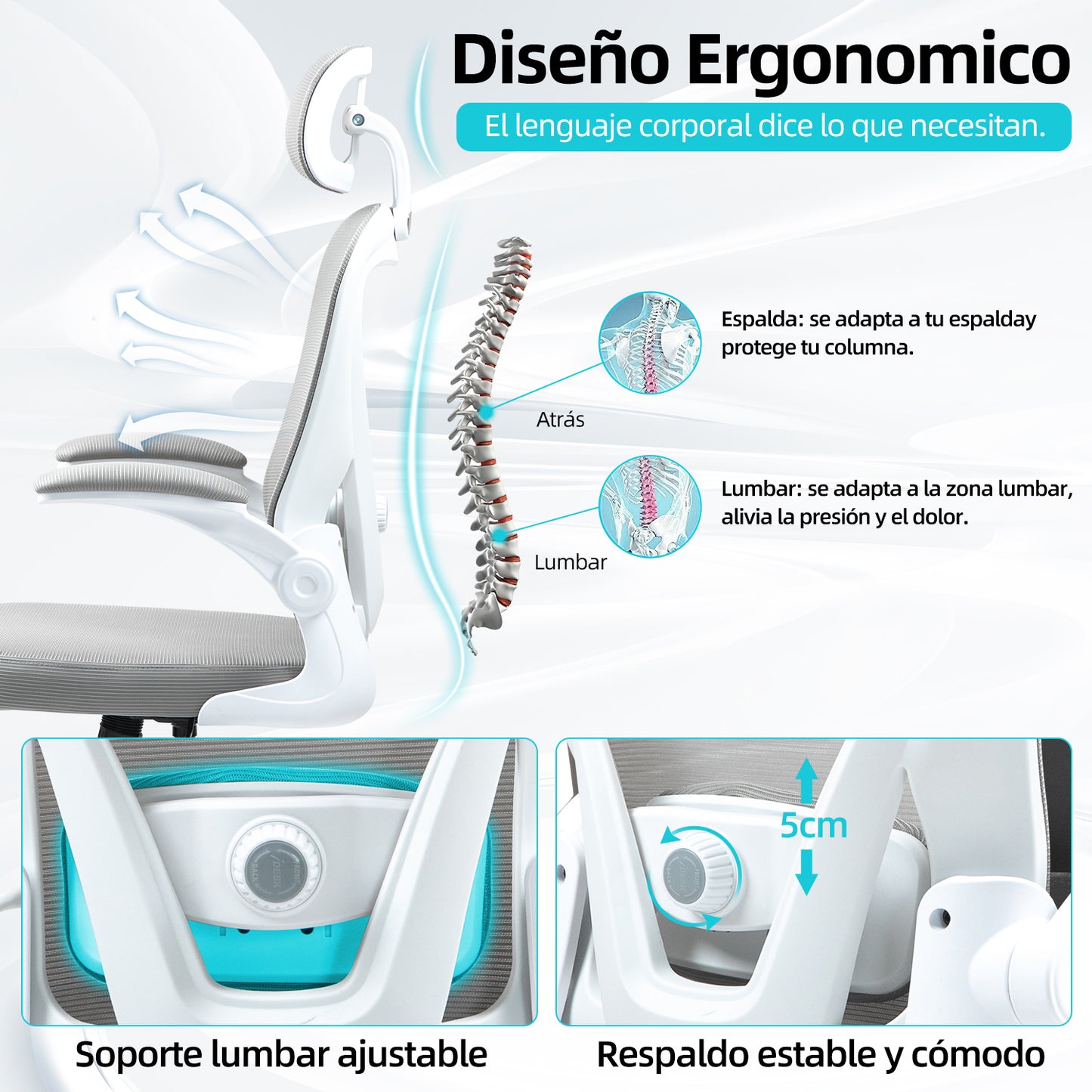 COKOS Silla de Oficina Ergonómica Giratoria Regulable con Reposabrazos Reposacabezas y Soporte Lumbar Apta para Oficinas y Salas de Estudio (Blanco)