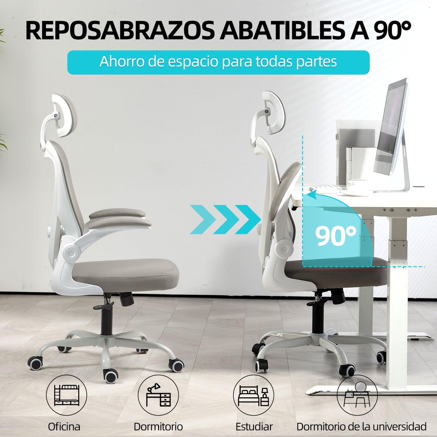 COKOS Silla de Oficina Ergonómica Giratoria Regulable con Reposabrazos Reposacabezas y Soporte Lumbar Apta para Oficinas y Salas de Estudio (Blanco)