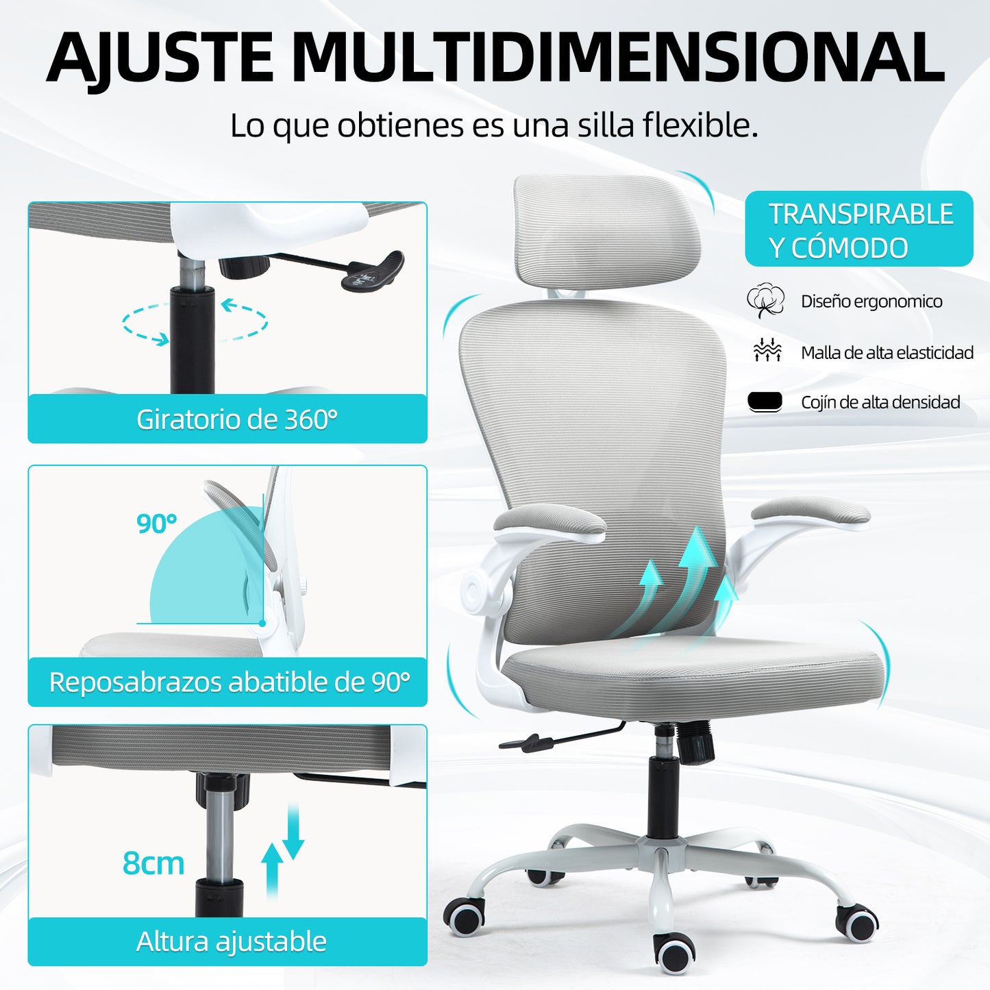 COKOS Silla de Oficina Ergonómica Giratoria Regulable con Reposabrazos Reposacabezas y Soporte Lumbar Apta para Oficinas y Salas de Estudio (Blanco)