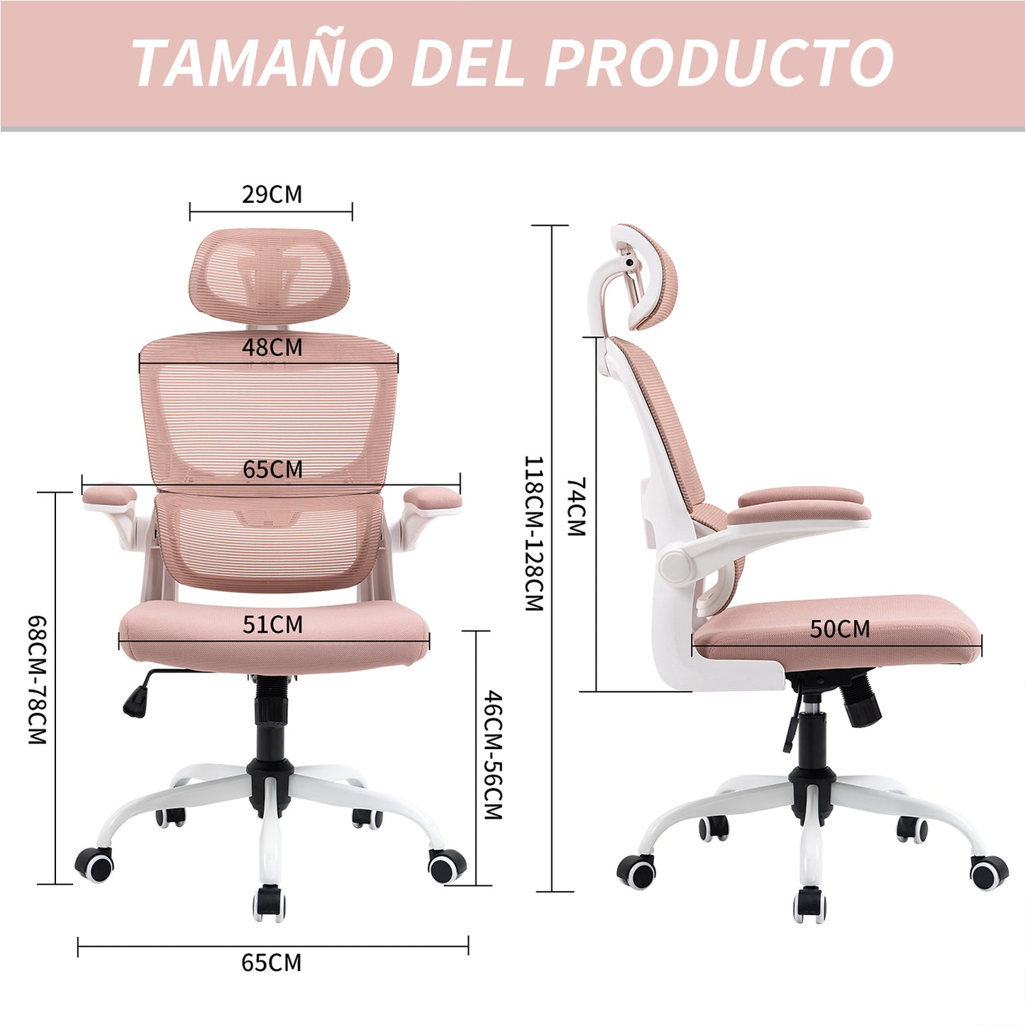 COKOS Silla Oficina Ergonómica de Respaldo Alto con Soporte Lumbar Ajustable Altura Reclinable Descansabrazos Ajustables Silla Gamer Sillas para Escritorio Silla Ergonomica (Rosa)