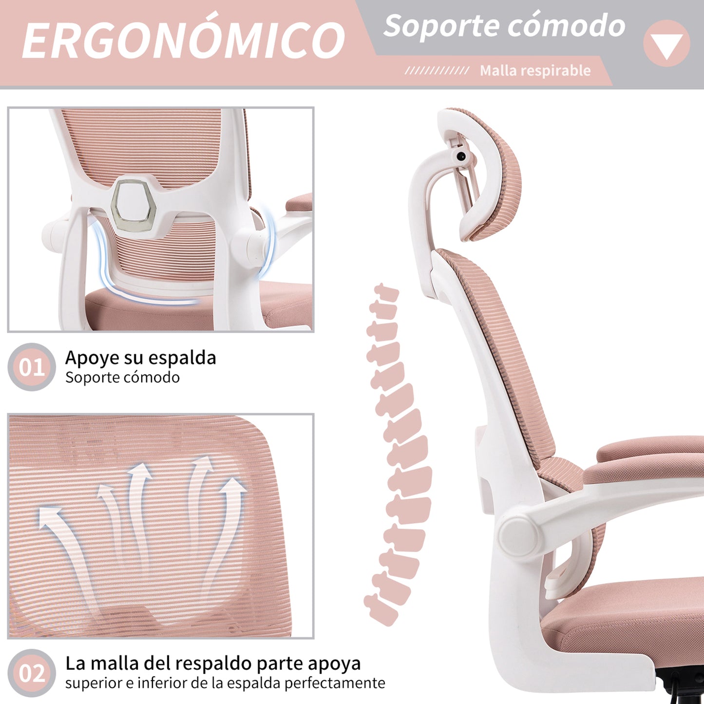 COKOS Silla Oficina Ergonómica de Respaldo Alto con Soporte Lumbar Ajustable Altura Reclinable Descansabrazos Ajustables Silla Gamer Sillas para Escritorio Silla Ergonomica (Rosa)