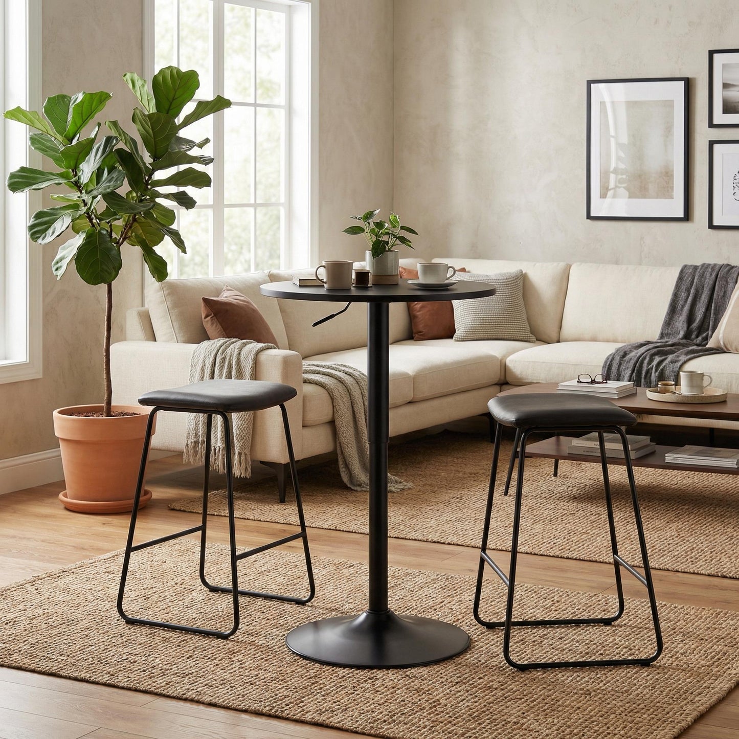COKOS Mesa de Bar Redonda de 60 cm con Altura Ajustable y Base Cromada Giratoria Tubo Negro
